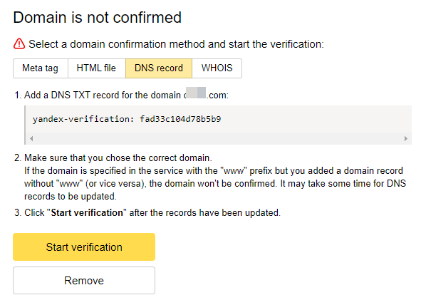 xác thực domain trên yandex connect bằng TXT Record