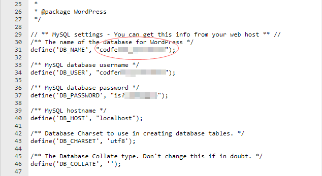 Tên database của website wordpress có thể xem trong file wp-config.php