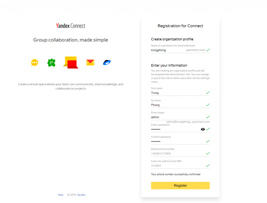 Tạo tài khoản cho công ty & tổ chức để sử dụng dịch vụ email tên miền miễn phí Yandex
