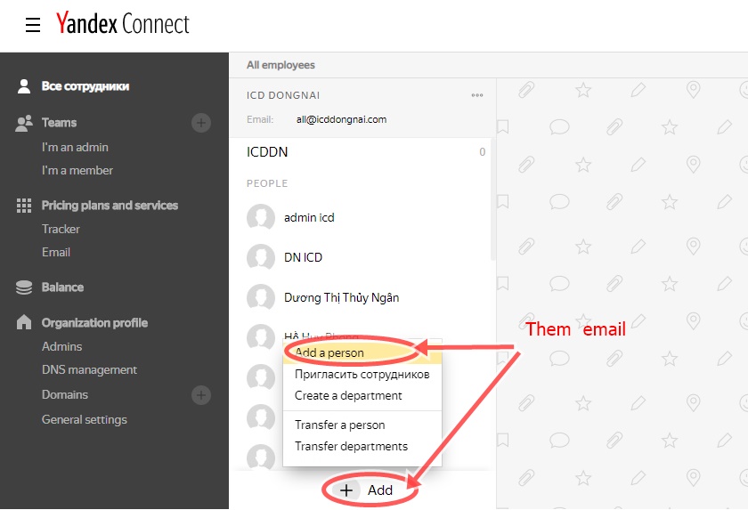 Thêm email mới trong yandex connect